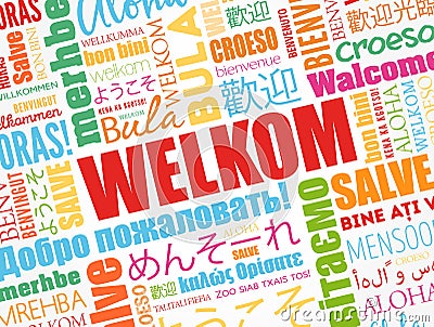 Welkom (Welcome in Afrikaans) word cloud in different languages, conceptual background Stock Photo