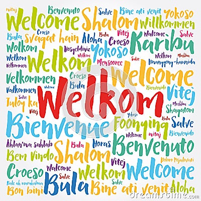 Welkom (Welcome in Afrikaans) word cloud in different languages, conceptual background Stock Photo