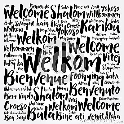 Welkom (Welcome in Afrikaans) word cloud in different languages, conceptual background Stock Photo