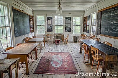 A well-appointed room featuring various tables, chairs, and a vibrant rug on the floor, The quaint charm of an empty one-room Stock Photo