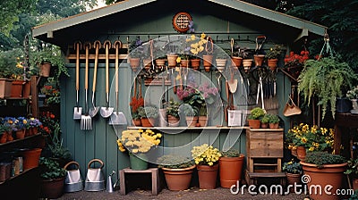 A well-arranged gardening shed with tools hung on hooks Stock Photo