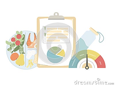 Well being concept. Diet plan schedule program and healthy eating plate with bmi chart. Nutrient counting checklist. Meal tracking Vector Illustration