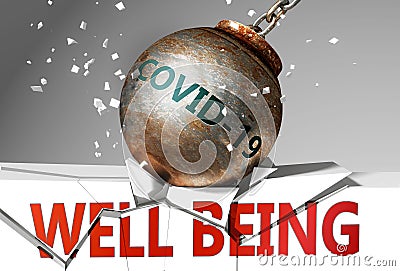 Well being and coronavirus, symbolized by the virus destroying word Well being to picture that covid-19 affects Well being and Cartoon Illustration