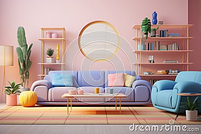 A well-composed interior shot of a living room with '90s furniture, featuring vaporwave elements Stock Photo
