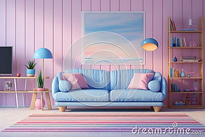 A well-composed interior shot of a living room with '90s furniture, featuring vaporwave elements Stock Photo