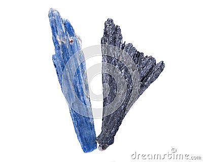 Well defined black Kyanite fan and Semi-translucent gem quality blue Kyanite blade from Brazil, Stock Photo