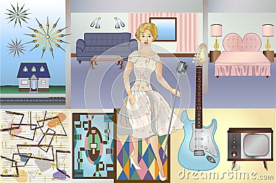 Mid Century Mod - Atomic Age - Vector Kit - Backgrounds Objects Furniture Character & Elements Cartoon Illustration