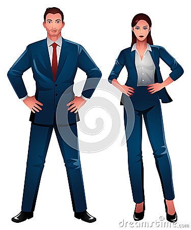 Well dressed businessman and businesswoman standing proudly with hands on hips Vector Illustration