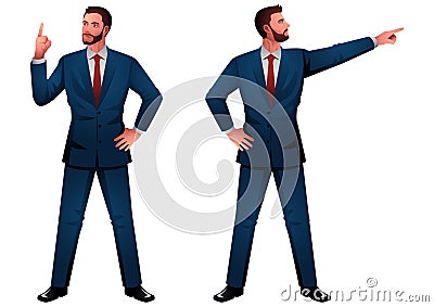 Well dressed businessman standing proudly with hands pointing upwards Vector Illustration