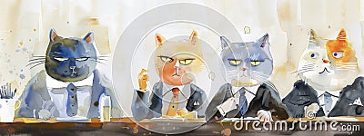 well-dressed cats come together for a formal meeting. Cartoon. Stock Photo