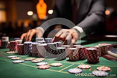 A gambler in a casino with playing chips. Stock Photo