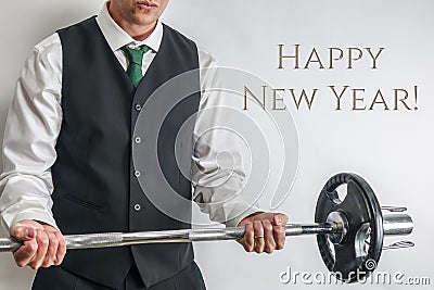 Well dressed man performing biceps curl. Concept for new years resolution and workout Stock Photo