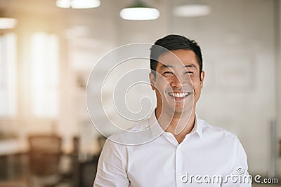 Smiling Asian businessman standing in a bright modern office Stock Photo