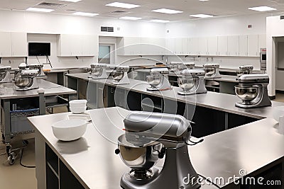 well-equipped baking classroom, with mixers, ovens, and measuring spoons at the ready Stock Photo