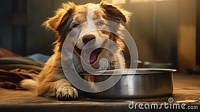 A well-fed and contented mongrel dog settled down next to a large stainless steel bowl. Taking care of animals. Close-up. Stock Photo