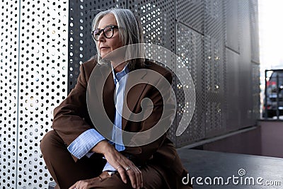 well-groomed healthy slender gray-haired mature business lady dressed in a stylish brown jacket sits against the Stock Photo