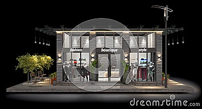 Well-illuminated modern boutique on a piece of ground at night Cartoon Illustration