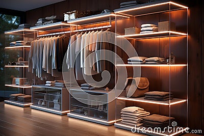 Well-Lit and Neatly Arranged Contemporary Wardrobe. AI Stock Photo