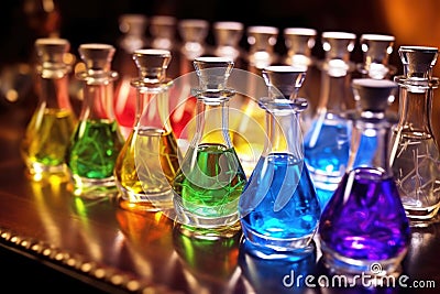 a well-lit shot of transparent flasks filled with colored perfume samples Stock Photo