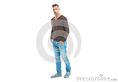 well looking man in casual style menswear. Man wear casual menswear isolated on white. urban mature man with trendy Stock Photo