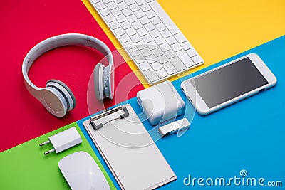 Well organised white office objects on colorful background Stock Photo