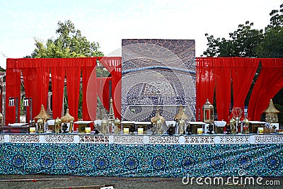 Well organized food stall ready to serve the guests at a wedding party or reception venue, indian outdoor wedding Editorial Stock Photo