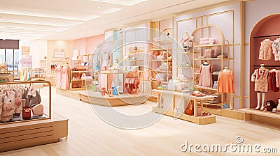 A well-organized girls' shop featuring themed sections for different age groups Stock Photo