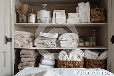 a well-organized linen closet, with neatly folded towels and sheets Stock Photo