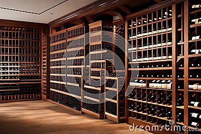 A well-organized wine cellar with rows of wooden wine racks showcasing a wide selection of fine wines Stock Photo