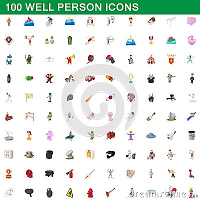 100 well person icons set, cartoon style Vector Illustration