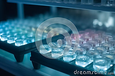 96 well plate with samples for biological analysis. Microplate for biomedical research and biologic test. Generative AI Stock Photo