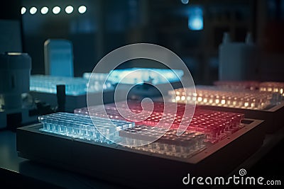 96 well plate with samples for biological analysis. Microplate for biomedical research and biologic test. Generative AI Stock Photo