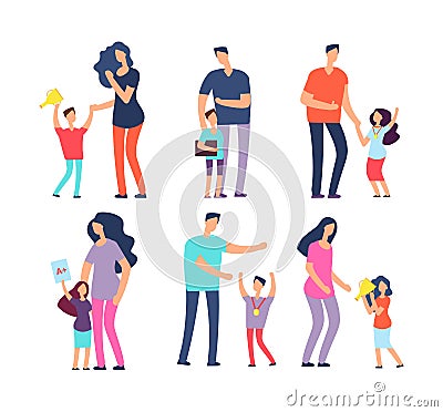 Well studied kids. Excellent pupils, praising parents and teachers. Students, school children, adult people vector Vector Illustration