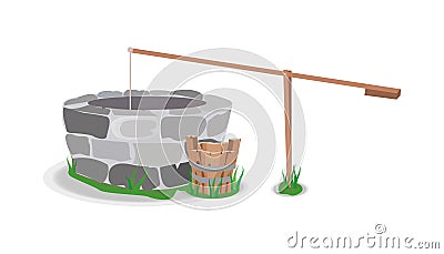 Well tree bucket water stone grass vector. Vector Illustration