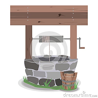 Well tree bucket water stone grass vector. Vector Illustration