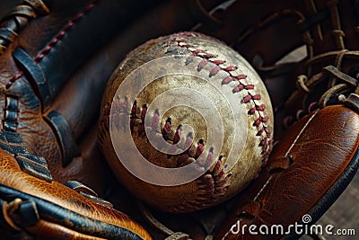 Well-worn Baseball glove with playing ball. Generate ai Stock Photo