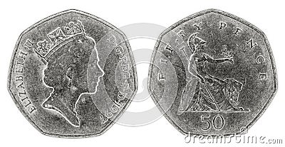 A well worn fifty pence coin with Queen Elizabeth II Editorial Stock Photo