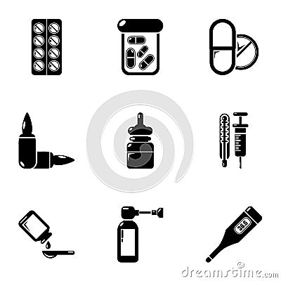 Wellbeing drug icons set, simple style Vector Illustration