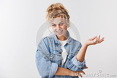 Wellbeing, happiness lifestyle concept. Attractive stylish glamour carefree blond curly-haired woman blue eyes smiling Stock Photo