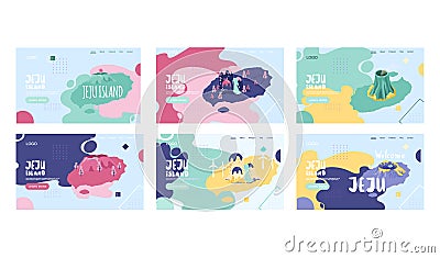 Wellcom to Jeju island in South Korea, traditional elements. Attraction landmarks of Jeju Vector Illustration