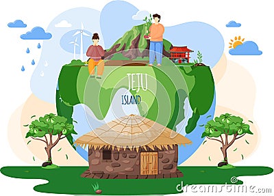 Wellcom to Jeju island in South Korea, traditional elements. Attraction landmarks of Jeju Vector Illustration