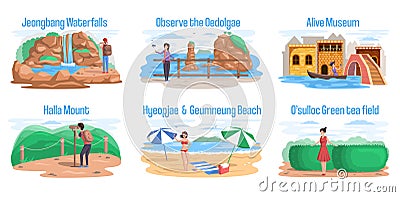 Wellcom to Jeju island in South Korea, traditional elements. Attraction landmarks of Jeju Vector Illustration