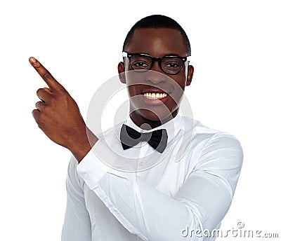 Welldressed young person pointing away Stock Photo