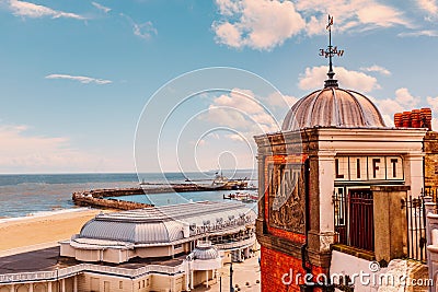 The Wellington Crescent Cliff Lift an Edwardian grade II listed working elevator above Ramsgate main sands, the Royal Pavilion and Editorial Stock Photo