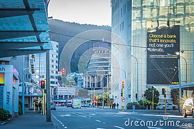 Cityscape view looking down Whitmore Street towards the iconic landmark Beehive Parliament Buildings. Editorial Stock Photo