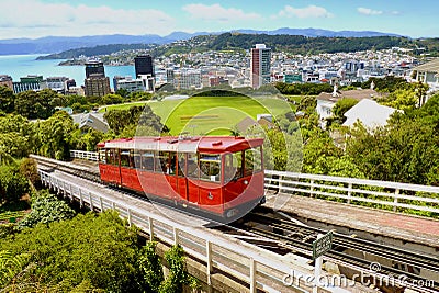 Wellington`s famous cable car goes up towards the Wellington Observatory in Wellington, New Zealand Stock Photo