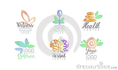 Wellness Center Logo Design Collection, Healthy Food, Yoga, Balance Watercolor Badges Vector Illustration Vector Illustration