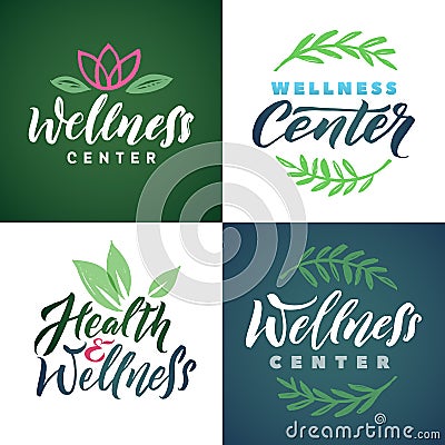 Wellness Center Vector Logo Set. Green Leaves Illustration. Brand Lettering. Vector Illustration