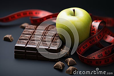 Wellness decision Apple, ribbon, and chocolate offer lifestyle contrasts Stock Photo