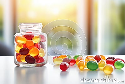 Wellness encapsulated: Gummy supplements and chewable vitamins elegantly displayed in a glass jar, a daily dose of Stock Photo